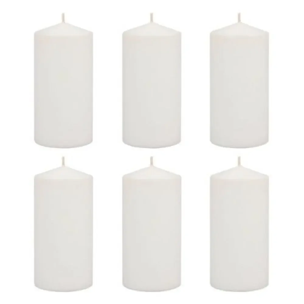 6 NEW White Unscented Paraffin Wax Pillar Candle 45 Hour Burn Box Set 6” x 3”